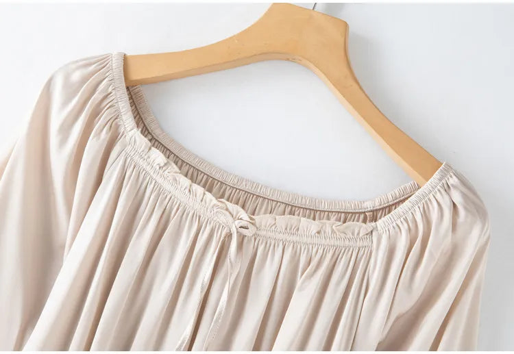 Women's Spring/Summer New 92% Natural Mulberry Silk Elastic Satin Solid Loose Sweet Wind Long Sleeve Home Clothes Nightdress