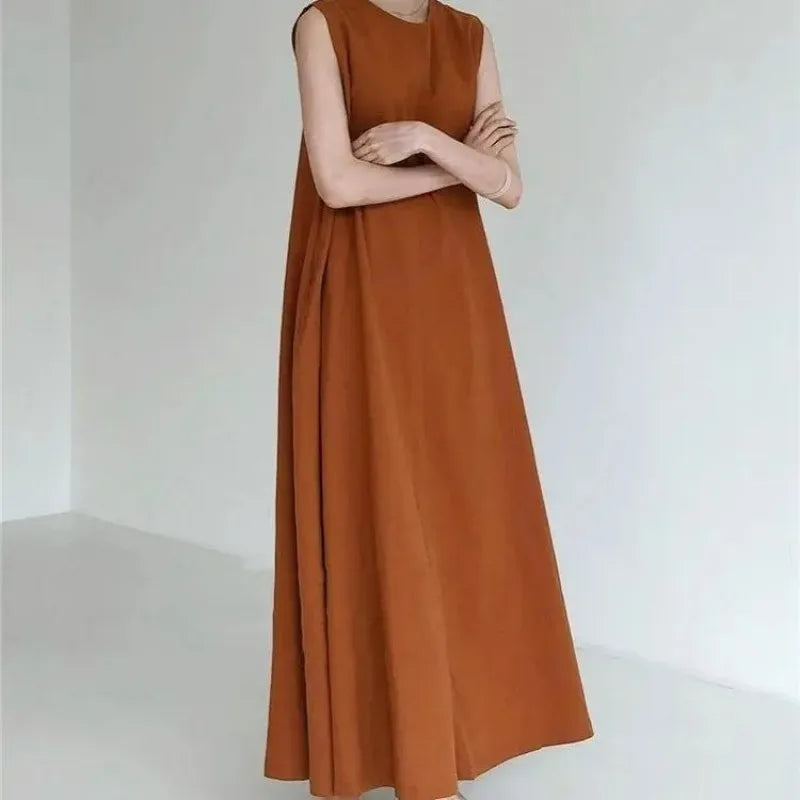 Korean Fashion Women Dress Casual Round Neck Loose Solid Color Casual Big Swing Sleeveless Long Linen Lazy Style Vestidos