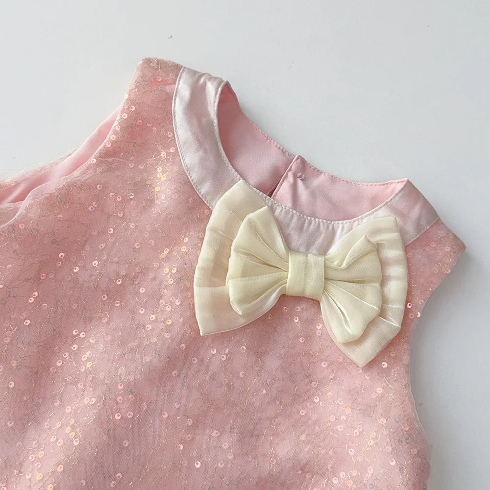 Bear Leader Bow Decoration Pink Girls Dress Summer New Sleeveless Mesh Sequin Princess Dresses Birthday Party Kids Clothes