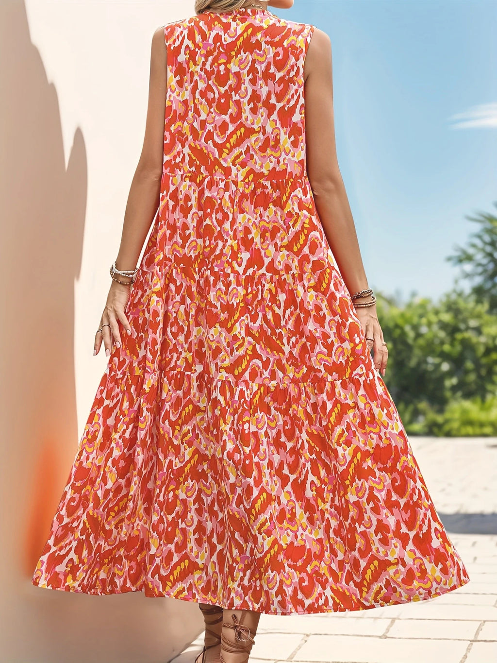 New European and American Summer Cross-border Seaside Vacation Mid to Long Sleeveless V-neck Tassel Abstract Print Dress