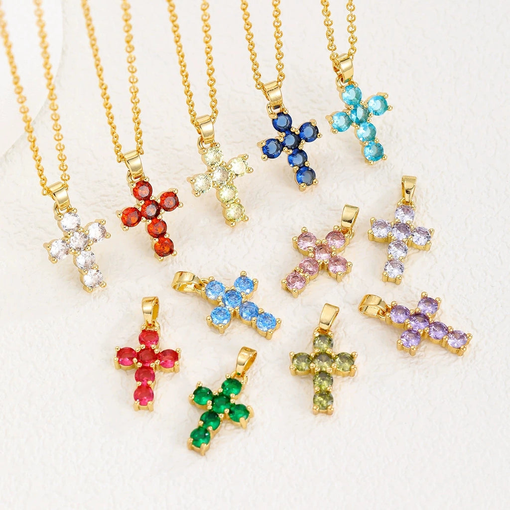 Birthstone Necklace 18K Gold Plated Zircon Necklace Cross Pendant Necklace For Women'S