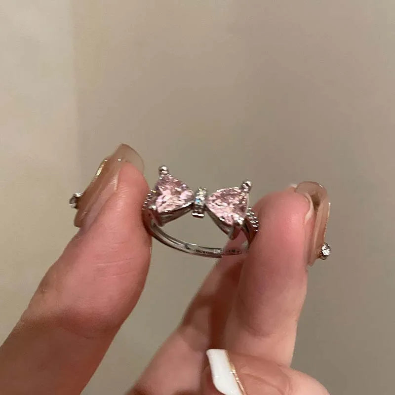 New Arrived Romantic Lovely Pink Bowknot Design Female Exquisite Jewelry Ring with Micro Bow Tie Zircon for Party and Dating