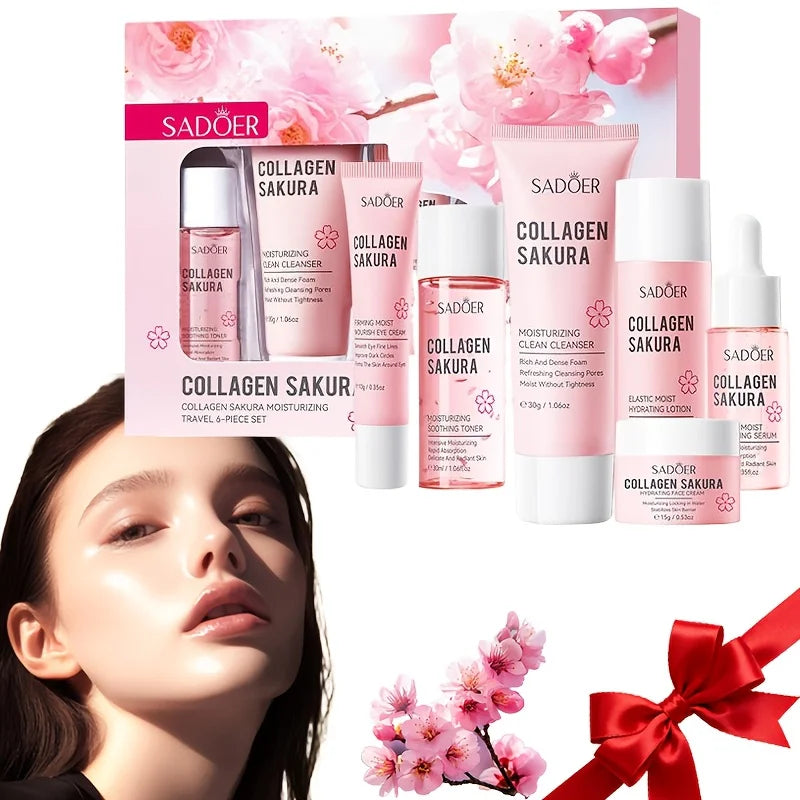 Collagen Sakura Moisturizing Travel 6-piece Set,Contain Cleanser, Toner, Lotion, Essence, Eye Cream, Face Cream, Facial Skincare