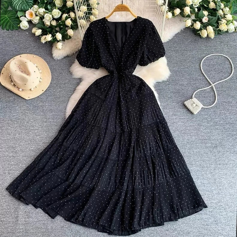 Summer Polka Dot Woman Elegant Dress Fashion V Neck Puff Sleeve Vestidos Korean A-Line Pleated Dresses 2026 Vestidos De Mujer
