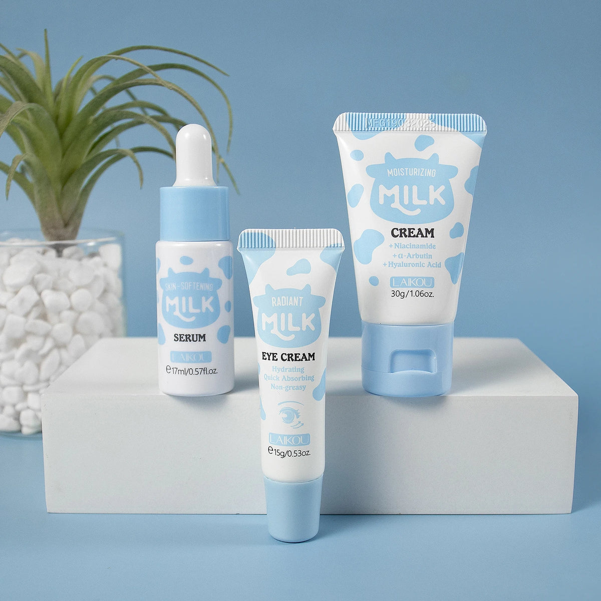 LAIKOU Milk Glowing Trio Skincare Set - Hydrating Serum & Cream Kit