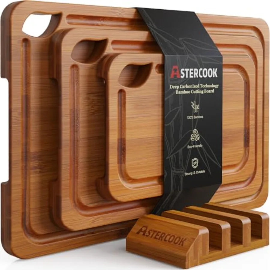 Bamboo Cutting Boards for Kitchen with Wood Storage Stand, Reversible Charcuterie and Chopping Boards with Juice Grooves and Ea