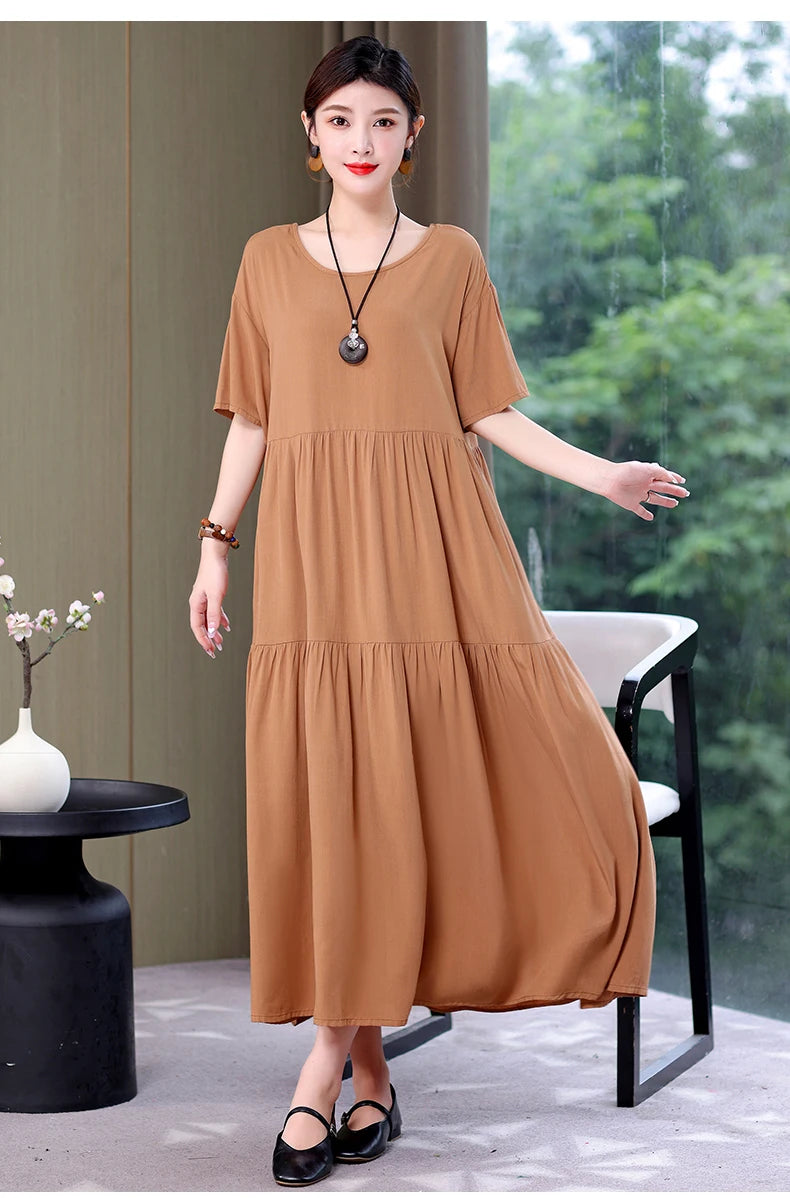 New Fashion 2023 Causal Summer Dresses For Women Loose Solid Long O-neck Dress Vintage Short Sleeve Womens Clothing