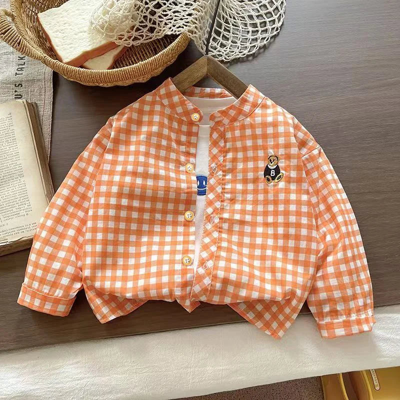 Ienens Kids Plaid Long Sleeve Shirt - Cotton Blend, Unisex