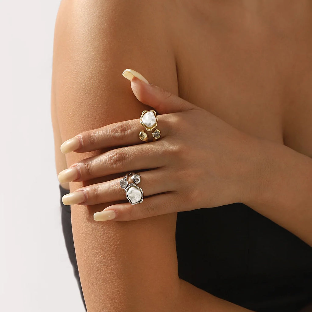 Vintage Baroque Pearl Ring Open Rings For Women'S 2025 Fashion Metal Irregular Geometric Pearl Ring With Zircon Wedding Jewelry