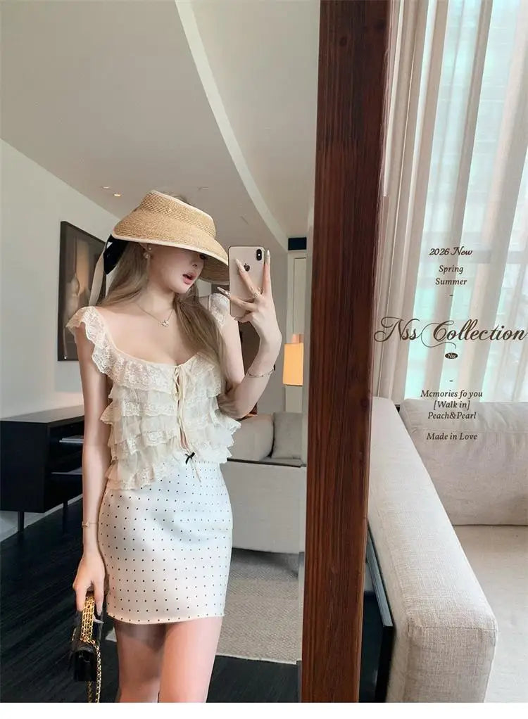 Korean Style Short Lace Halter Top Women's Summer New Design Pure Desire  Leaf  Spicy Girl Commute Loose Fit Casual