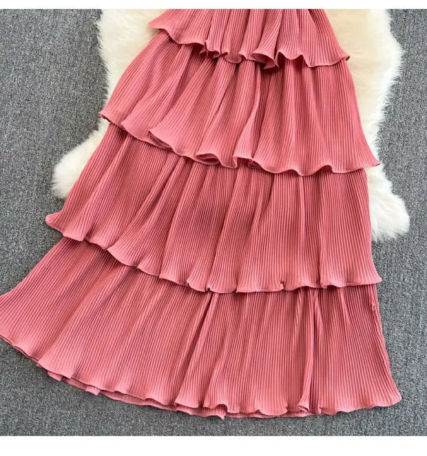 Beach Vaion Vintage Women's V-ne High-waist Cake Dr Ele Aosphere Maxi Skirt Loose Fit ort Sve Ci Commute