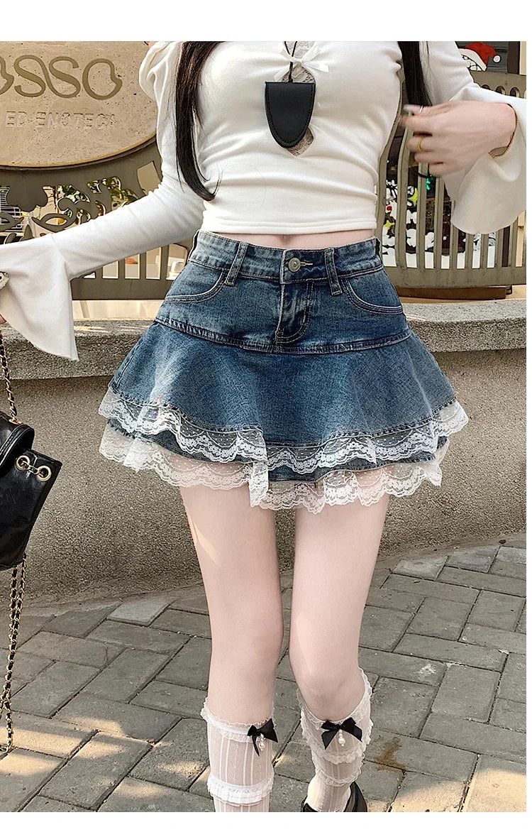 Summer Denim Skirt Women Fashion Streetwear Ruffles Kawaii Lace Skirts Shorts Preppy Mini Y2K School Pleated Jeans Skirt 2026