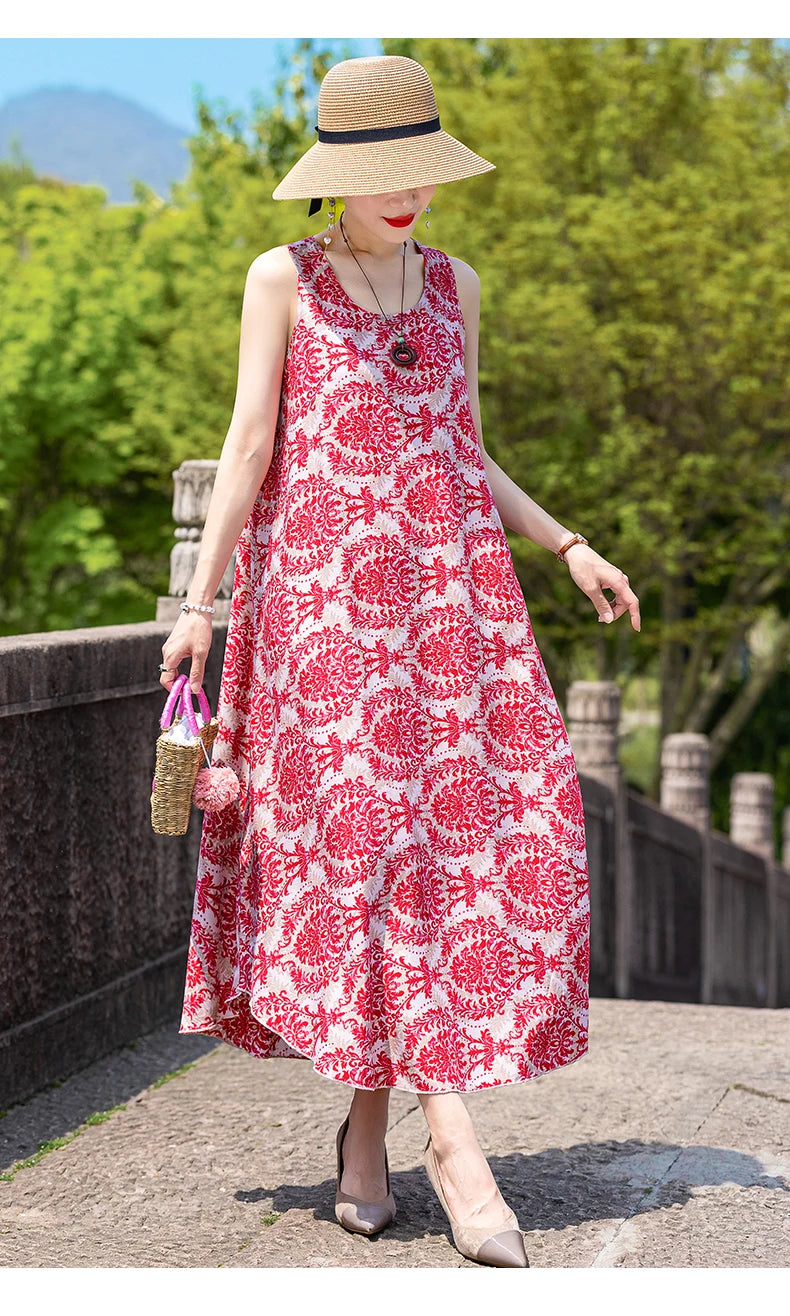New Women Summer Dresses Vintage Dress FashionRobe Plus Size Sleeveless Femme Casual Print Dresses