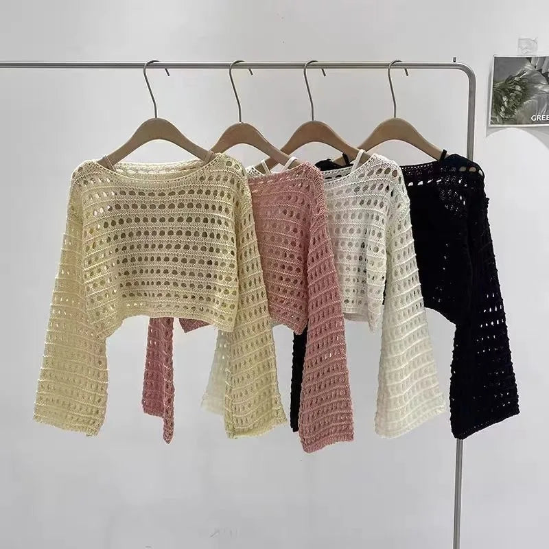 Long Sleeve Crochet Knit Top Summer Beach Bikini Cover Up Crop Pullover Wool Knitwear Blouse Women Vacation Boho Outfit