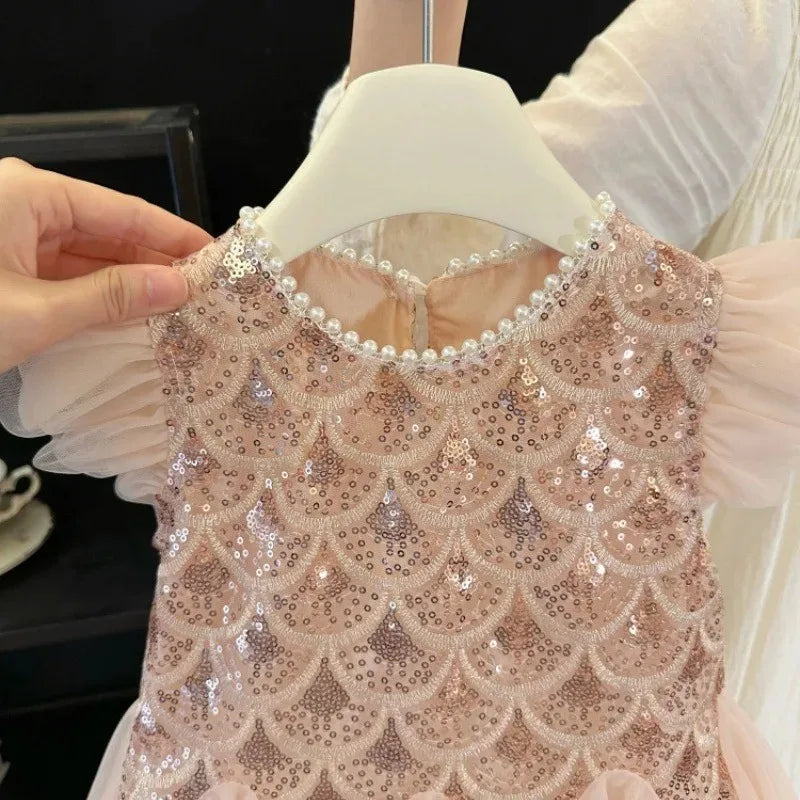 2026 New Summer Party Dresses for Girls Children's Elegant Fashion Mesh Flying Sleeves Sequined Tank Top Princess Skirt S3069