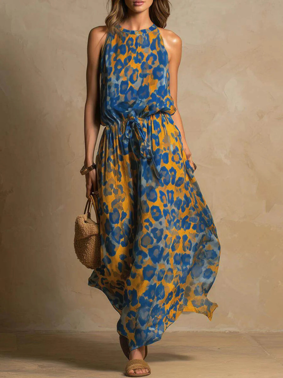 Women's Halter Sleeveless Maxi Dress Leopard Print Waist Tie Detail Loose Fit Long Dress Fashion Casual Ladies Daily Wear