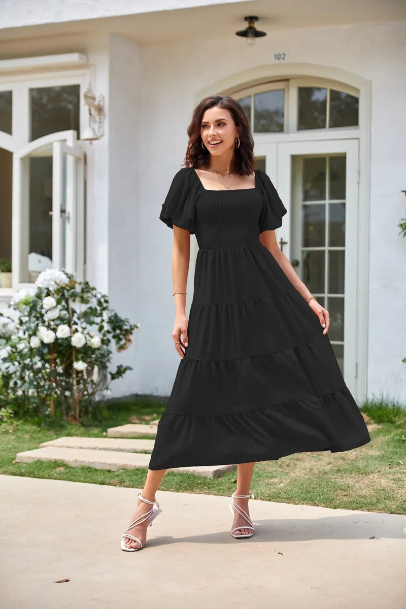 2026 Spring Summer Elegant Women's Long Dress Fashionable Solid Color Square Neck Puff Sleeve Pleated Slim Fit Loose Hem Dress