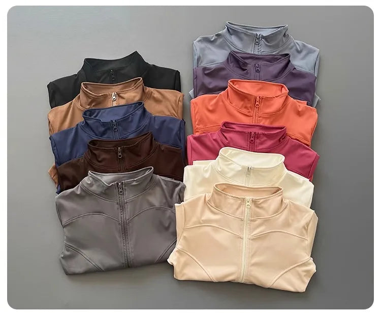 Women's Workout Jacket Stretch Fitted Zip Front Long Sleeve Running Yoga Slimming Waist-Cinching Stand Collar Quick-Dry Sportswe