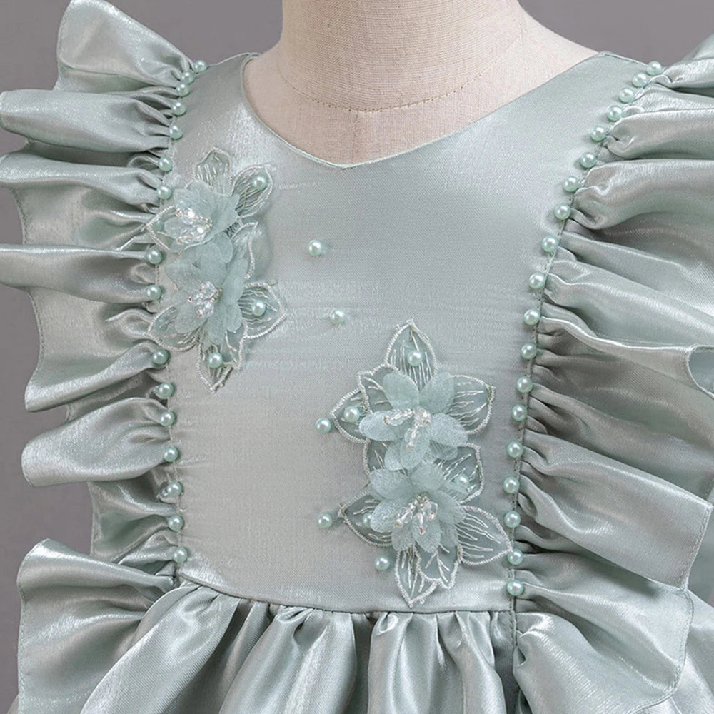 HETISO 1-6 Years Girl Princess Dress Ruffle Sleeve Kids Puffy Satin Dresses Children's Ball Gown for Birthday Holiday New Year