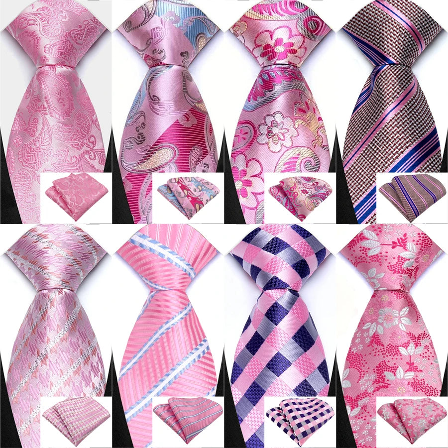 Pink Color Men's Tie Pocket Square Set Jacquard Floral Stripes Solid Hanky Necktie Set for Men Male Wedding Business Party