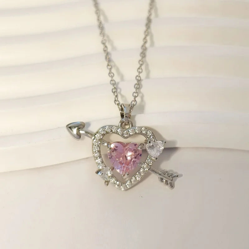 Arrow Through Heart Couple Pendant Necklace - Copper Zircon