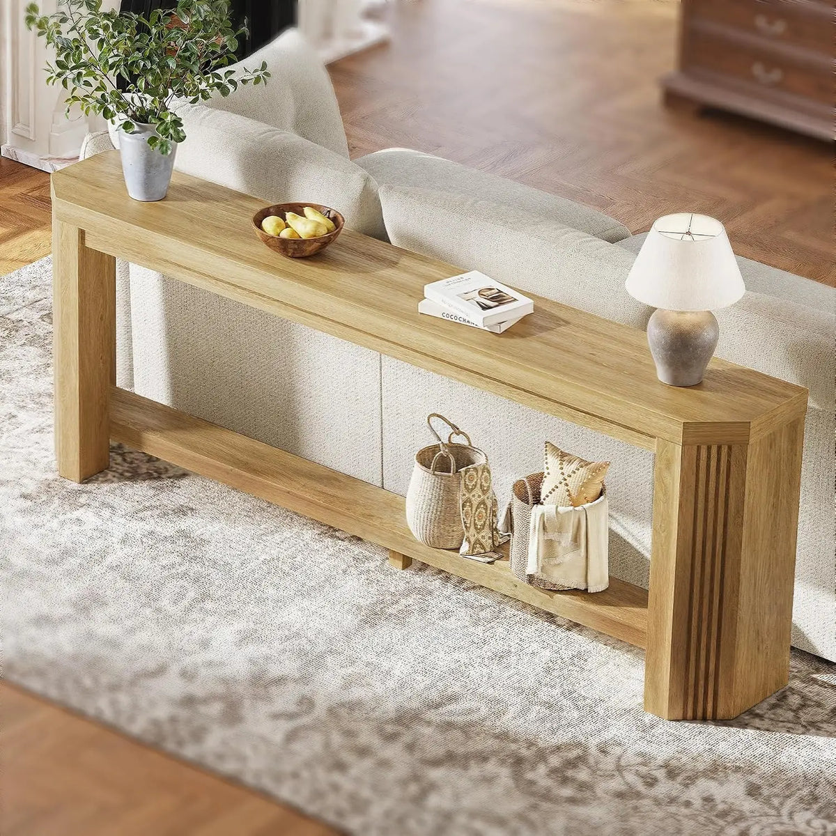 70" Console Table, Narrow Sofa Table with Open Storage, Light Brown