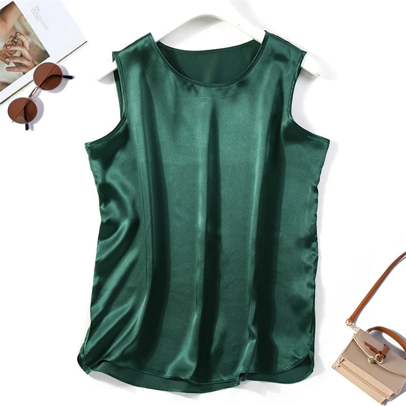 Elegant Fashion Satin Tank Tops Office Lady Blouse Shirts plus  Summer Slim Sleeveless Vest Women Simple O-neck Tops y2k clothes