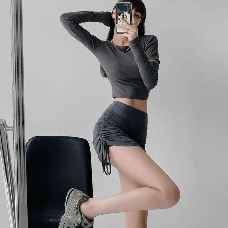 Xpqbb Women Summer Mini Skirts Drawstring Sexy High Waist Wrapped Hip Skirt Female Wild Solid Folds Slim Elastic Shorts Skirts