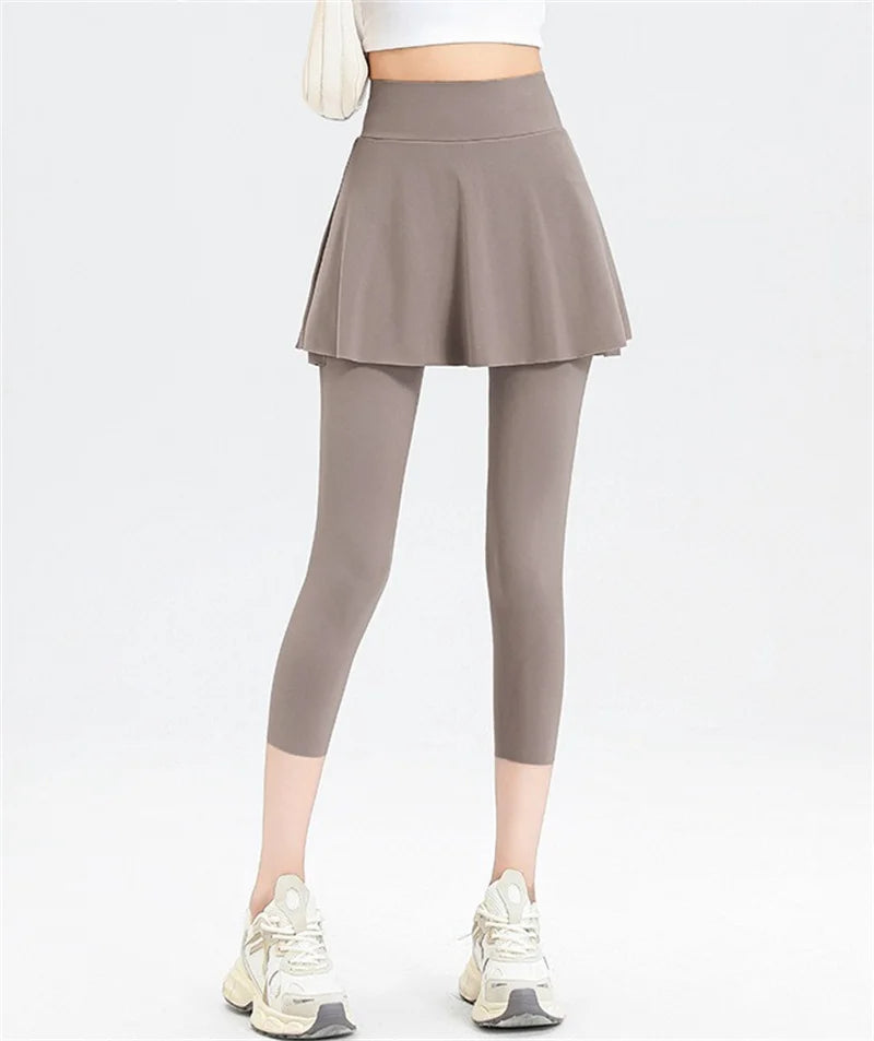Aiithuug with Pocket Women Tennis Skirted Leggings Capris Yoga Leggings with Skirts Tennis Pickleball Clothing Cropped Leggings