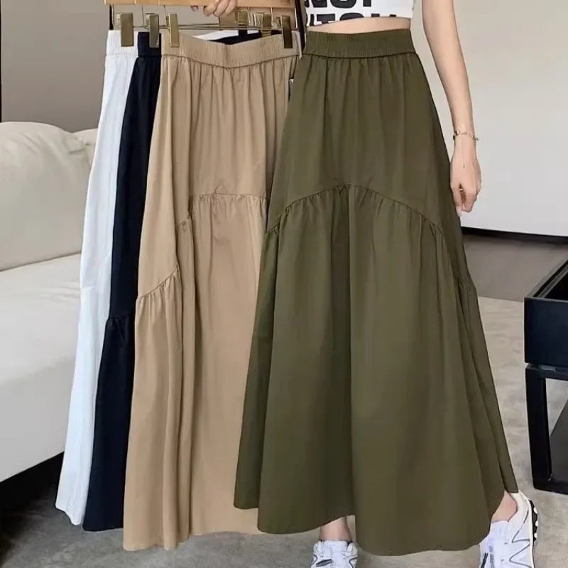 Elegant Women's Skirt Autumn New A-line Simple Fashion Solid Color Bustier Korean Pleated Splicing Elastic Waist Long Skirt