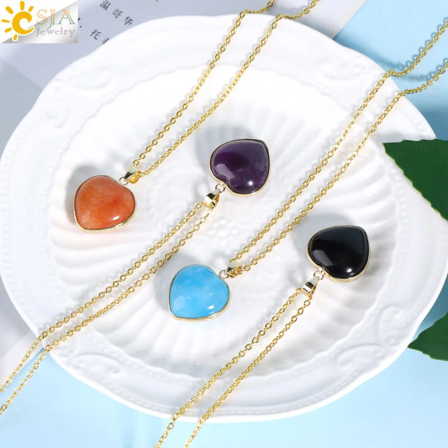 CSJA Heart Natural Stone Crystal Necklaces Pendants for Women Pink Quartz Clear Amethysts Healing Necklace Decoration H674