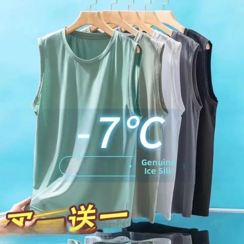 Men's Ice Silk Sleeveless Vest Thin Summer Sport Quick Dry Breathable Mesh Base Shirt Running Hurdles Training Clothes