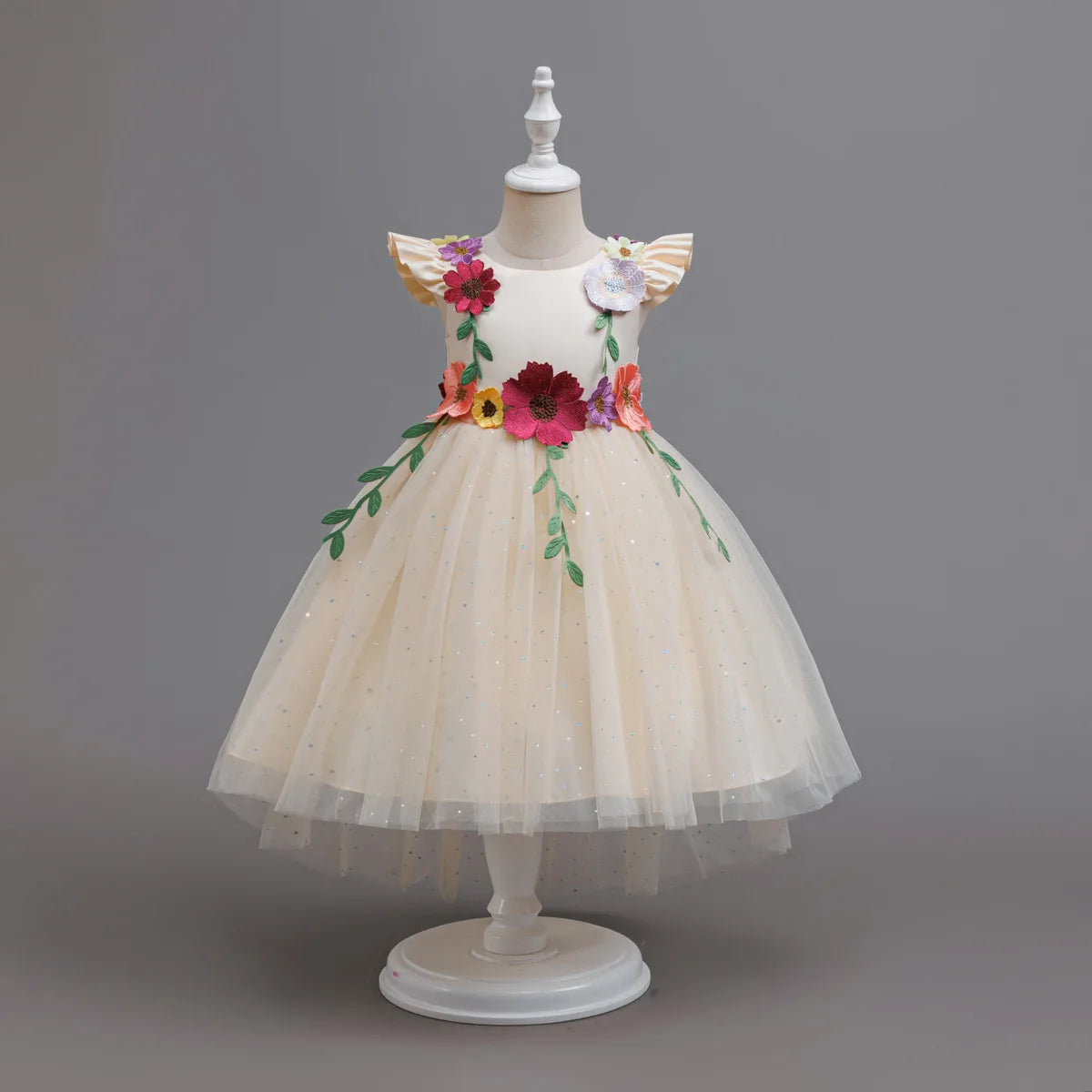 HETISO Princess Dress for Girls Red Christmas Lace Dots Embroidery 3D Flower Formal Party Birthday Gown Kids 2-10 Years