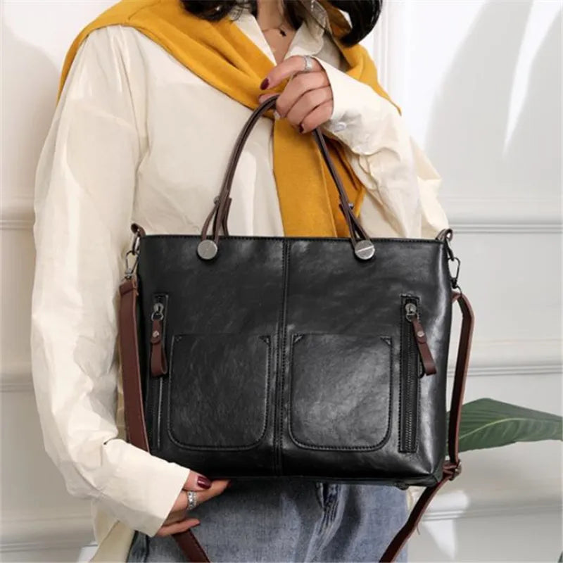 Retro Leather Handbag Shoulder Bag for Women with Double Pocket, Large Capacity, Vintage Lady's Tote Bag, Simple Crossbody Bags