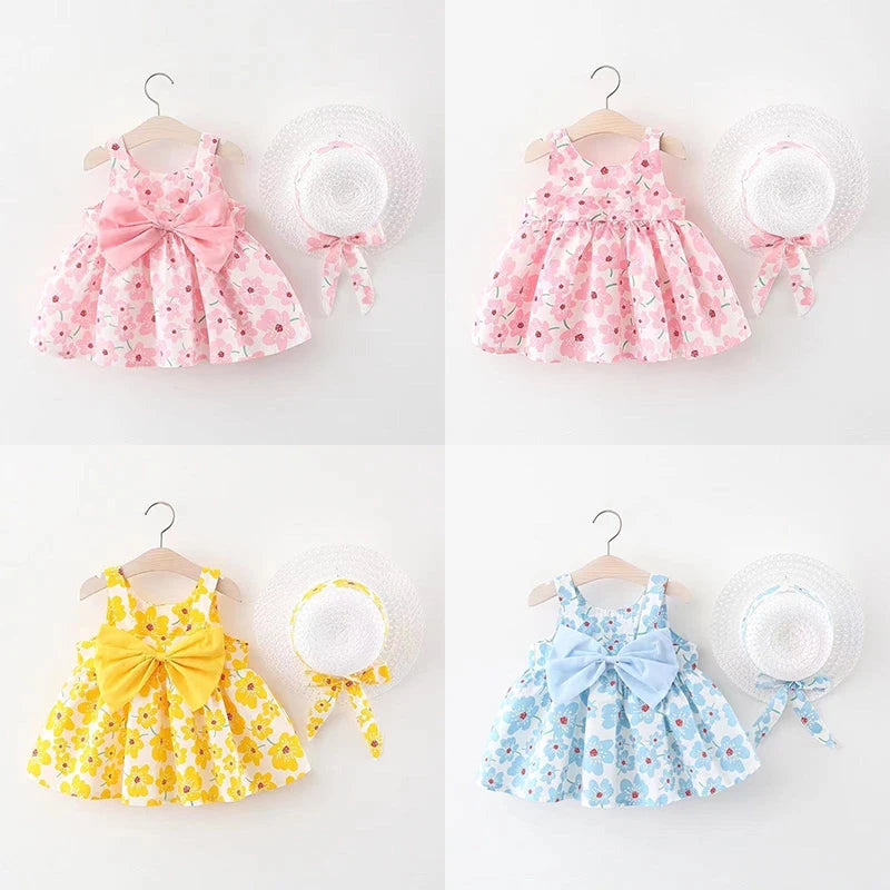 Beach Party Baby Girl Flower Dress Summer New Sweet Bow Children'S Clothing+Hat (9 Months -3 Years Old)