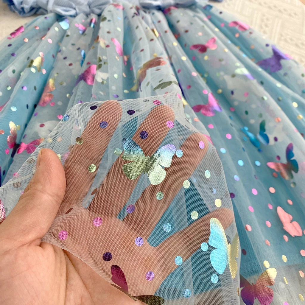 Round Neck Princess Dress Summer Knitted Patchwork Colored Butterfly Mesh Bubble Seeve Dress Girls Clothes