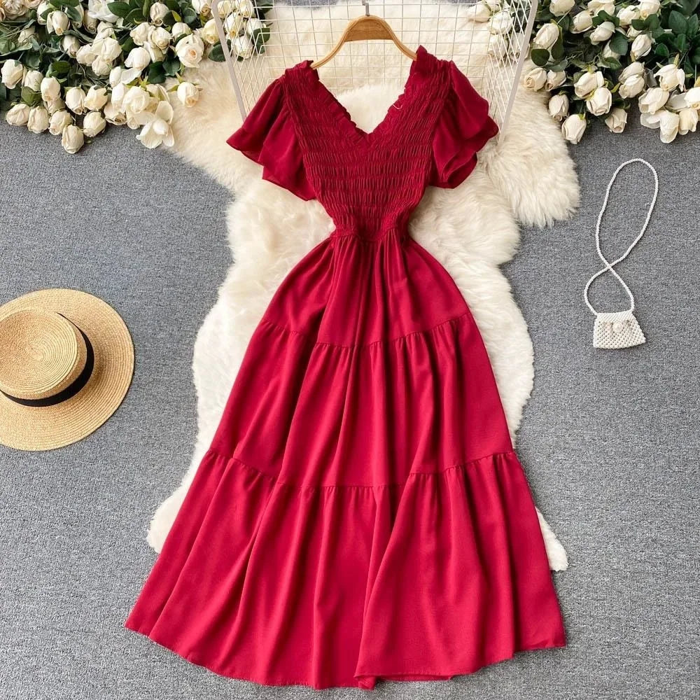YuooMuoo Luxury French Red Black Maxi Party Dress Elegant V Neck Other Material 100% Autumn 2024 Ladies Dress