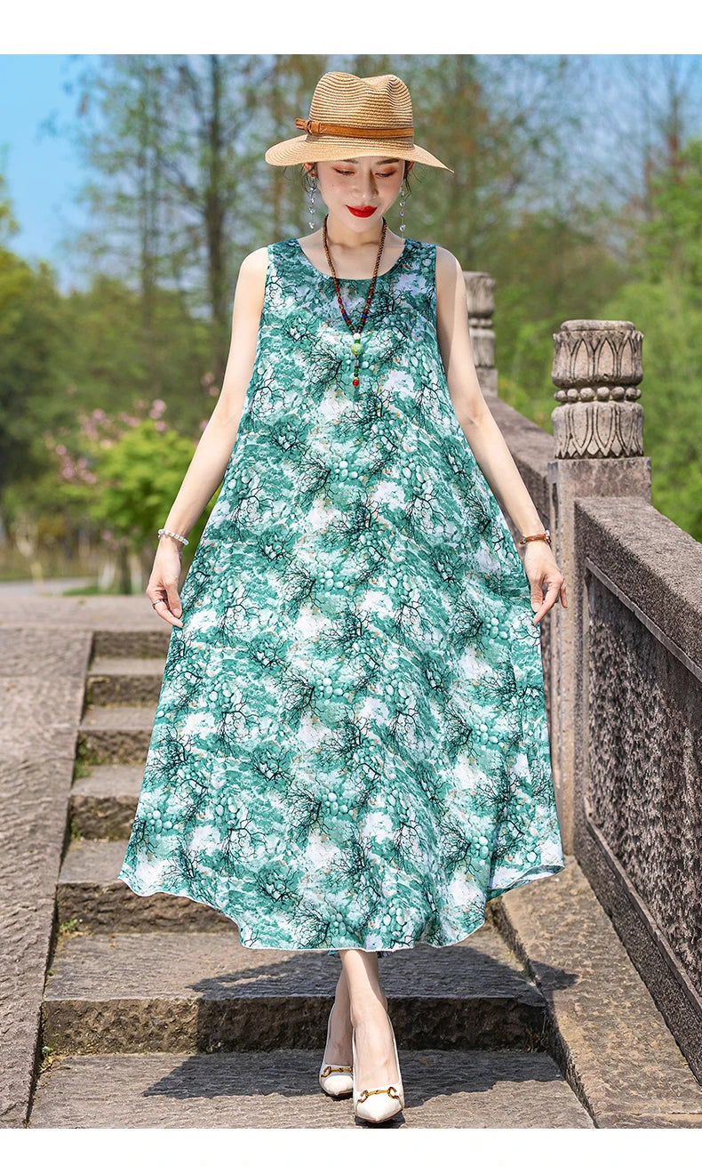 New Women Summer Dresses Vintage Dress FashionRobe Plus Size Sleeveless Femme Casual Print Dresses