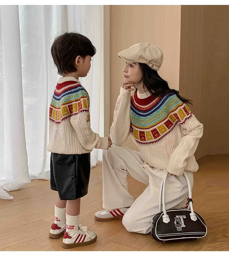 Women Sweater Print Family Daughter Matching Equal Mother Same Knit Top Pullover Baby Knitwear Clothes Knitted Jumper Holiday