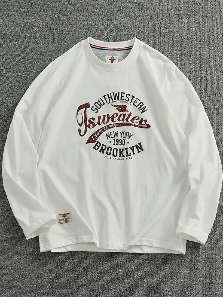Autumn New American Retro Long-Sleeved O-Neck Letter Printed T-Shirt Men'S Fashion 100% Cotton Washed Casual Sport Tops