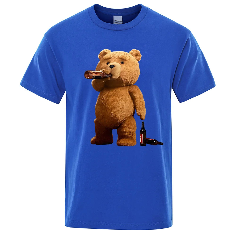 Lovely Ted Bear Drink Beer Poster Funny Printed T-Shirt Men Fashion Casual Short Sleeves Loose Oversize Tee Street Hip Hop Tops