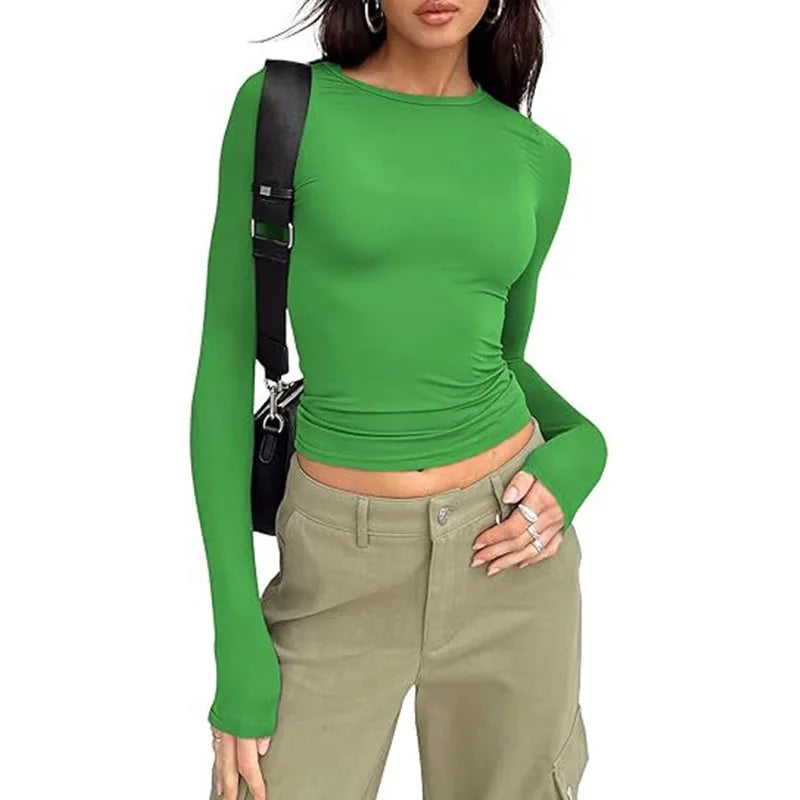 1Pcs Four Seasons Fashion Senior Women'S T-Shirt Long Sleeve Crew Neck Solid Slim Fit Tee Ladies Crop Top Daily Streetwear Camis