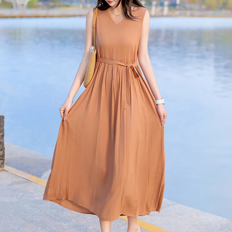 Spring Summer Dresses Fashion Female Sleeveless printed Casual Dress Women A-line Dresses Vestidos