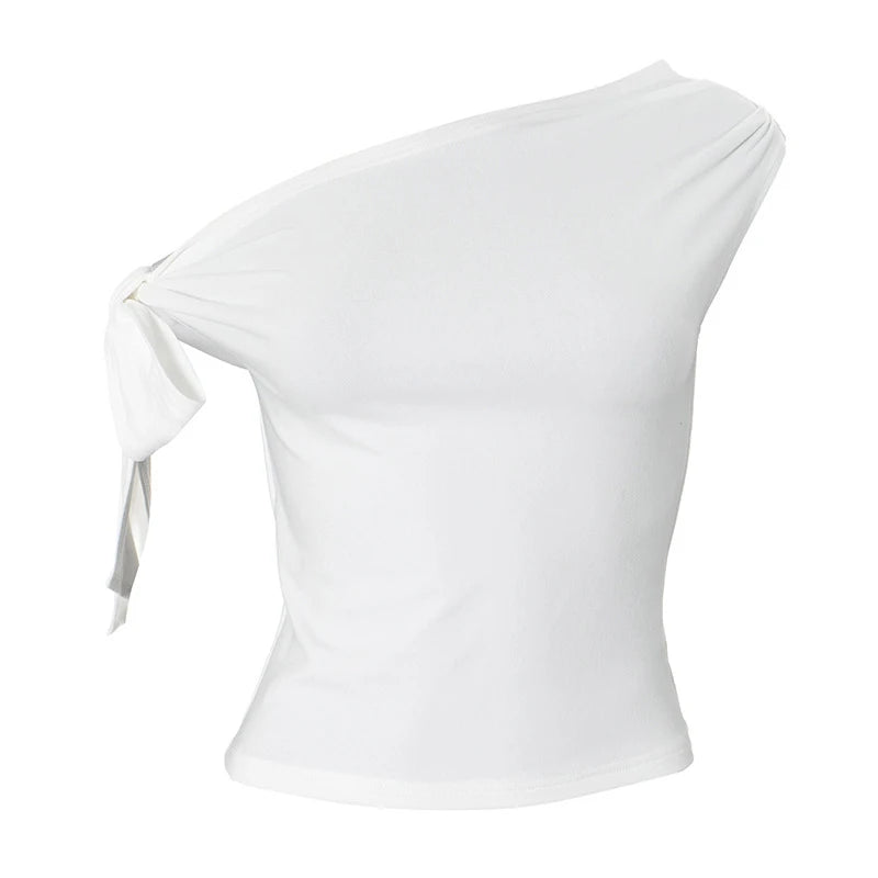 Women's Summer One-Shoulder Crop Top Asymmetric Pleated Design Backless Twist Tie Casual T-Shirt for 2025 Fashion Ins Style