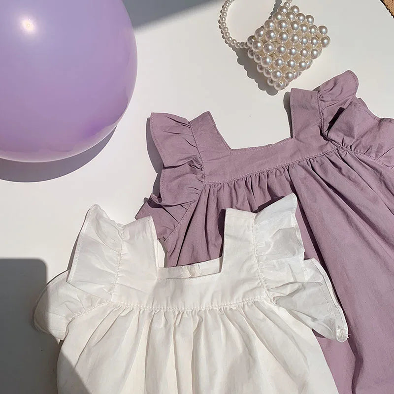 MILANCEL Girls Dresses 2024 Summer Little Fresh Kid's Flare Sleeve A-line Dress Simple Square Collar T-shirt Dress 2-7 Y