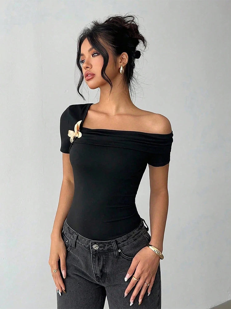 Metal Butterfly Buckle Sloping Shoulder T-shirt Women's Short Sleeve Slim Fitting Interior Blouse Casual Versatile Cropped Tops