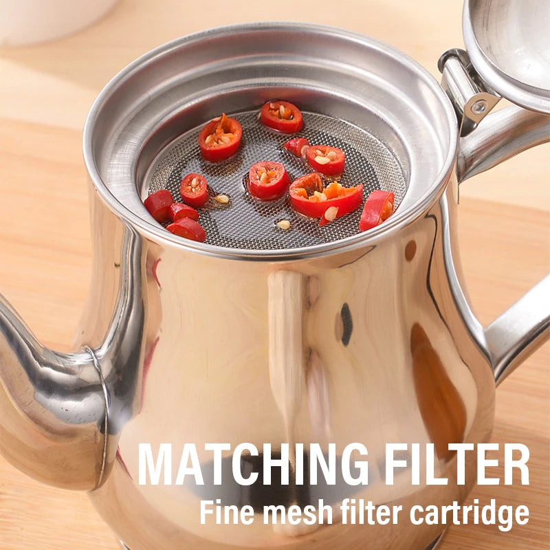 1Pcs Household Stainless Steel Oil Pot with Filter Oil Filter Pot Cooking Household Leak Proof Oil Pouring Seasoning Bottle Tool