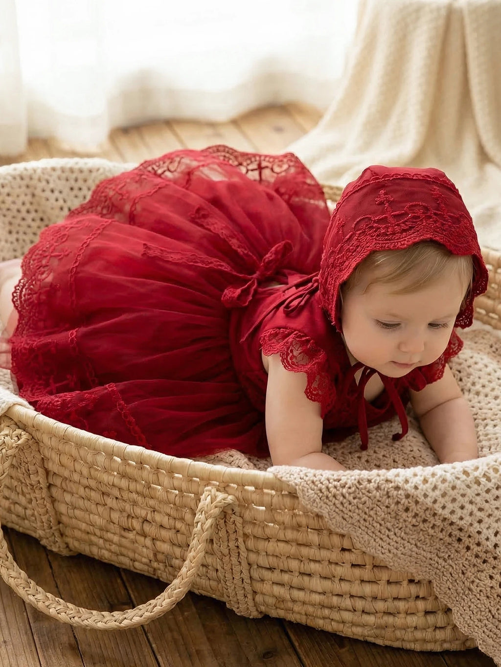 Baby Girl 0-2 Years Old Baby Wine Red Baptism Dress,Lace Net Skirt,Princess Dress,Wedding Flower Girl Dress,Birthday,With Hat