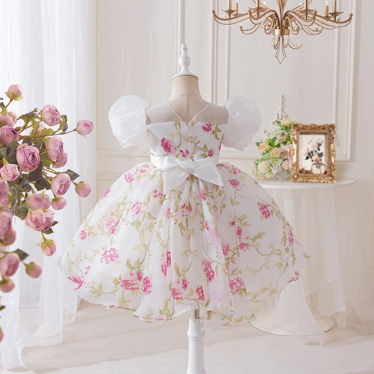 HETISO Girls Floral Chiffon Dress Korean Style Casual Birthday Gown White One-piece Summer Dress for Kids 2-10 Years
