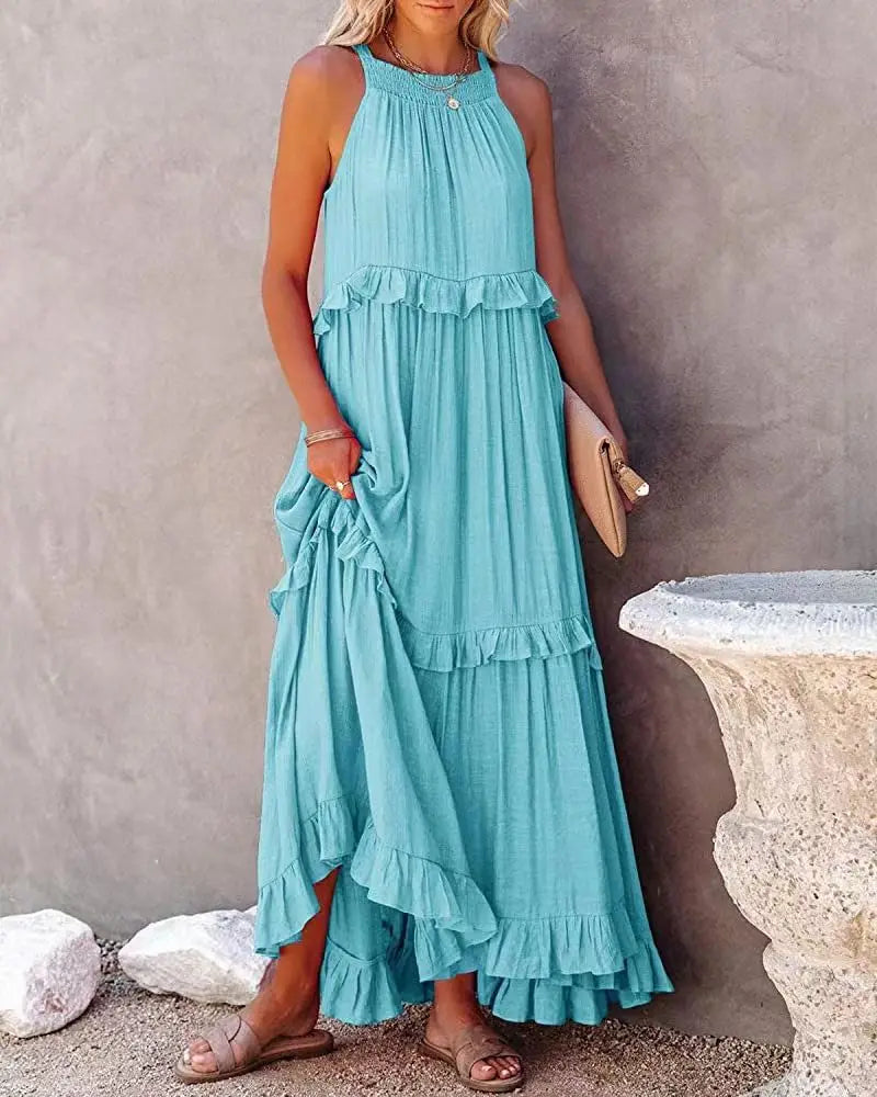 Women Halter Neck Maxi Dress Sleeveless Ruffle Tiered Loose Flowy Bohemian Beach Long Dress